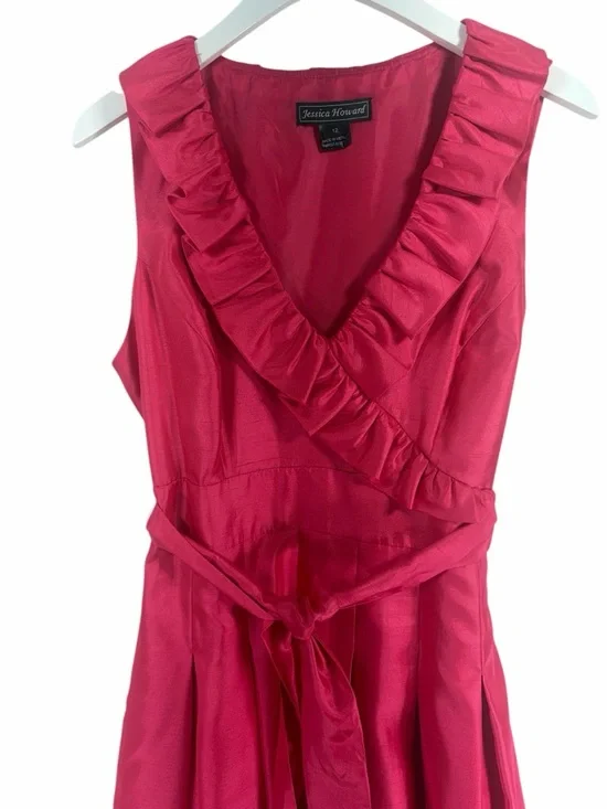 Jessica Howard Hot Pink Ruffled V-Neck Tie-Waist Dress size 12 - Picture 6 of 16